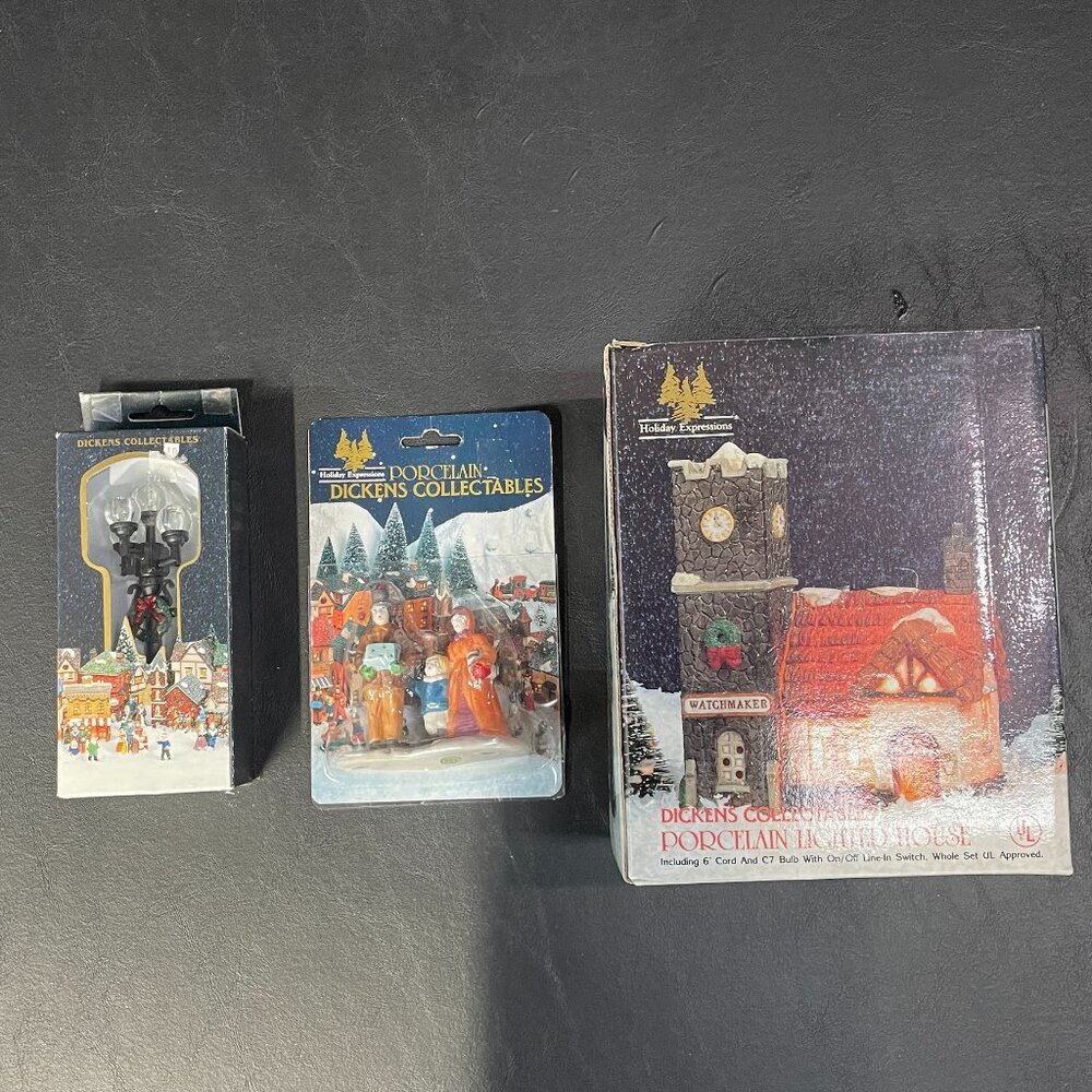 Dickens Collectables Porcelain Lighted Watchmaker House / People / Lamp Post